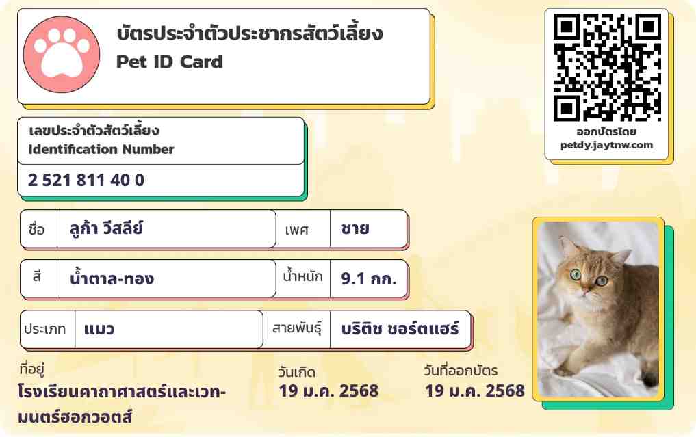 ตัวอย่างบัตรประชาชนสัตว์เลี้ยง Petdy แบบที่ 1