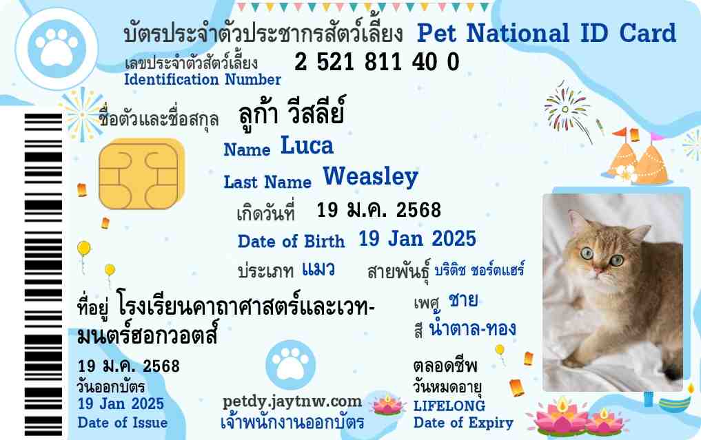 ตัวอย่างบัตรประชาชนสัตว์เลี้ยง Petdy แบบที่ 35
