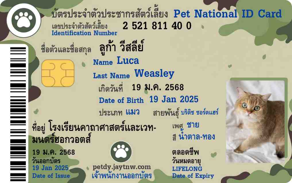 ตัวอย่างบัตรประชาชนสัตว์เลี้ยง Petdy แบบที่ 57