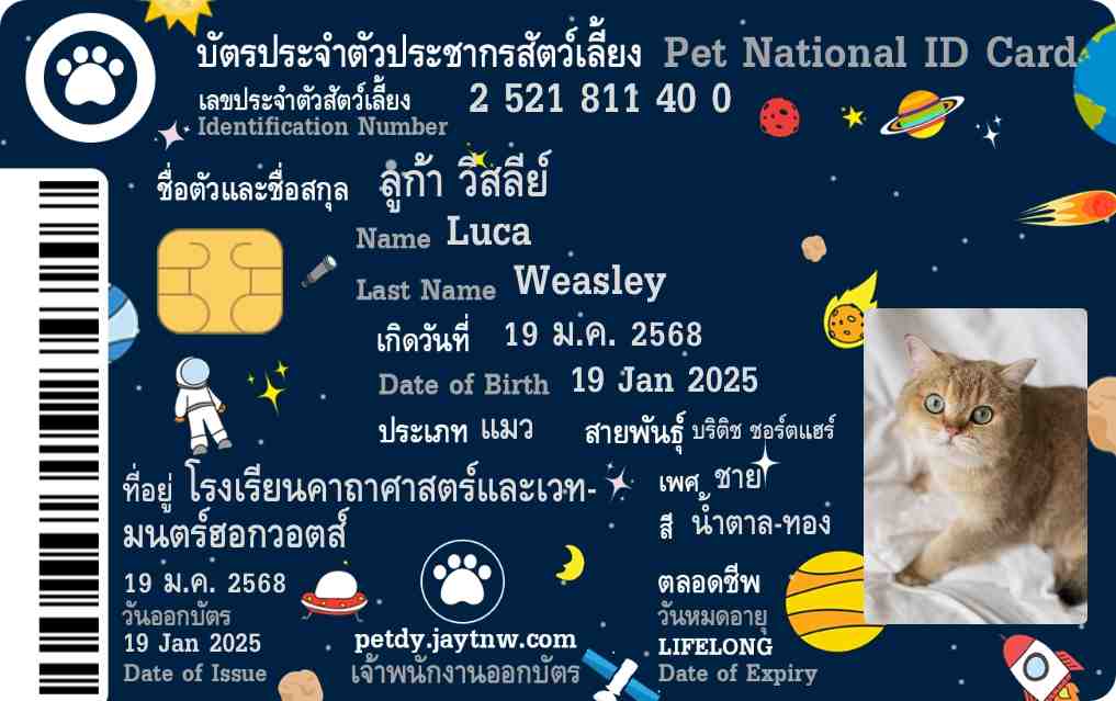 ตัวอย่างบัตรประชาชนสัตว์เลี้ยง Petdy แบบที่ 63